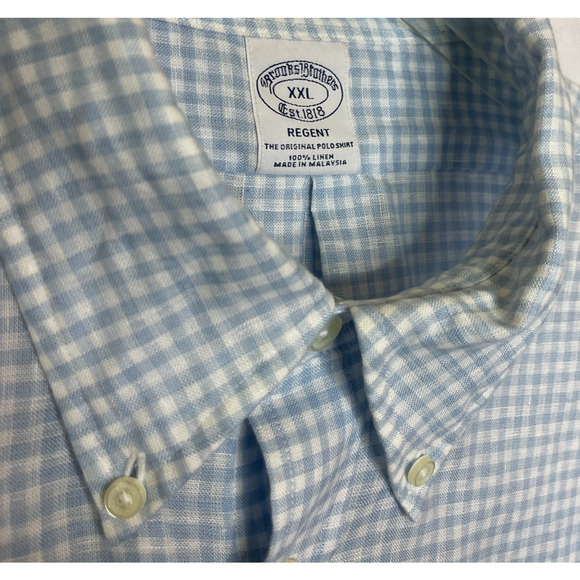Men XXL Brooks Brothers Baird McNutt Regent Blue Gingham Linen Button Down Shirt - Picture 3 of 5